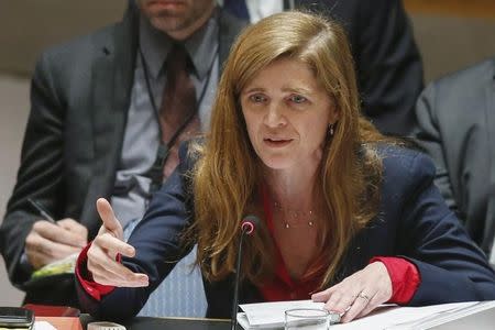 United States Ambassador to the United Nations Samantha Power addresses members of the U.N. Security Council during a meeting about Ukraine situation, at the U.N. headquarters in New York, March 6, 2015. REUTERS/Eduardo Munoz