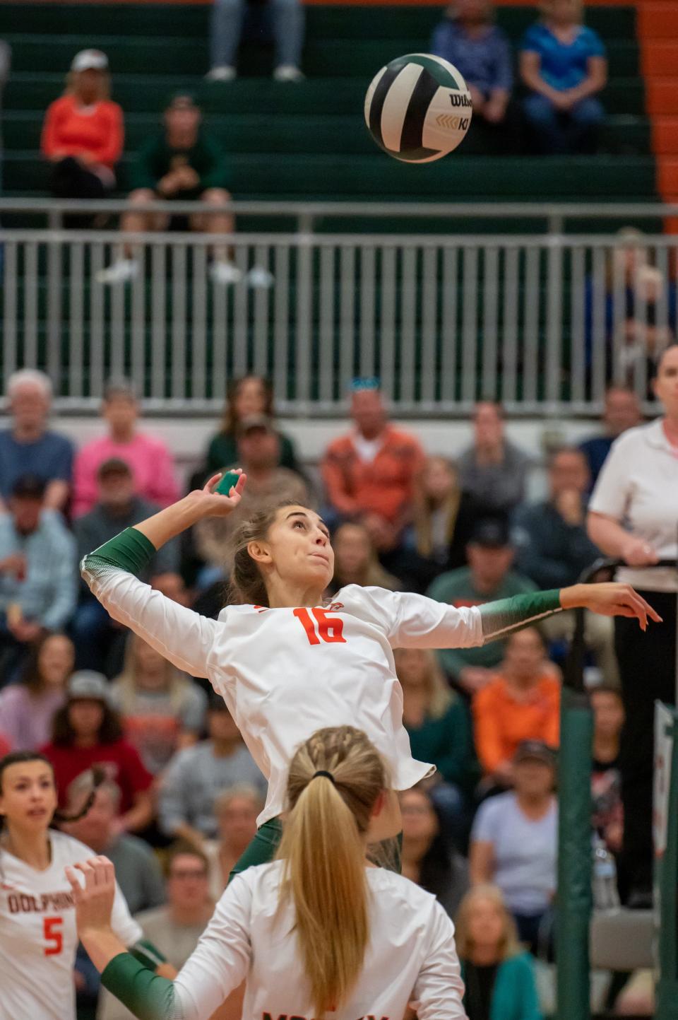 Liberty McLean goes up high to attempt a kill. Mosley advanced to its first-ever state semifinal with a four-set win over Ridgeview on Saturday, Nov. 6, 2021 in Lynn Haven.