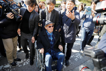 Lee Choon-shik, a victim of wartime forced labor during the Japanese colonial period, arrives at the Supreme Court in Seoul, South Korea, October 30, 2018. REUTERS/Kim Hong-Ji