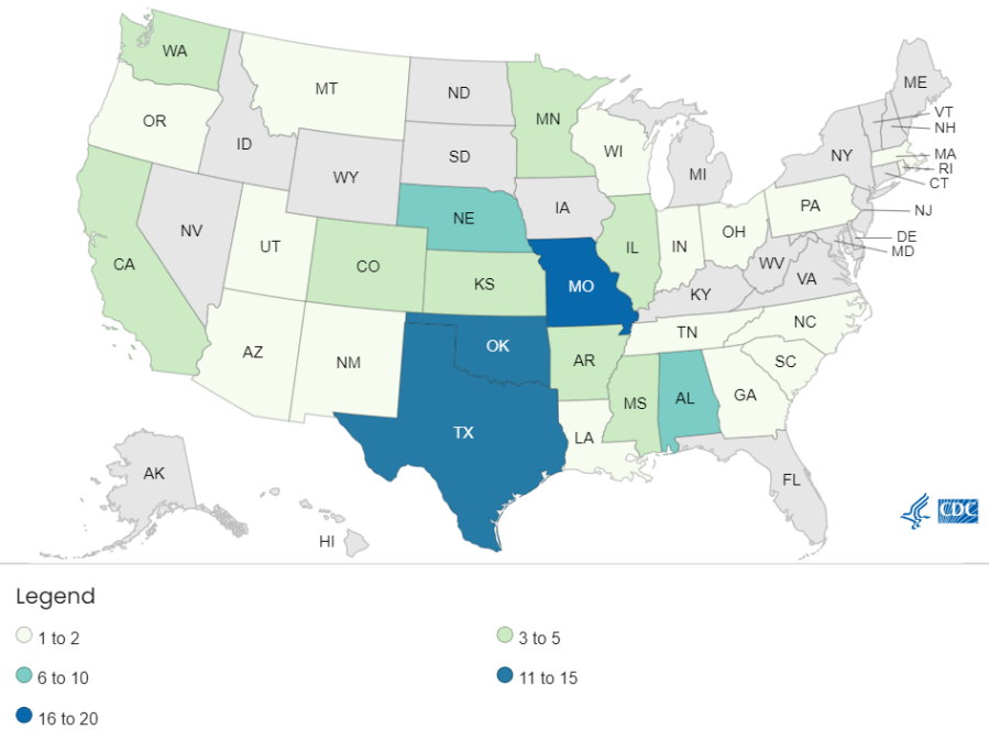 A map of where Salmonella infections have been reported released on May 23, 2024. (Courtesy of the Centers for Disease Control and Prevention)