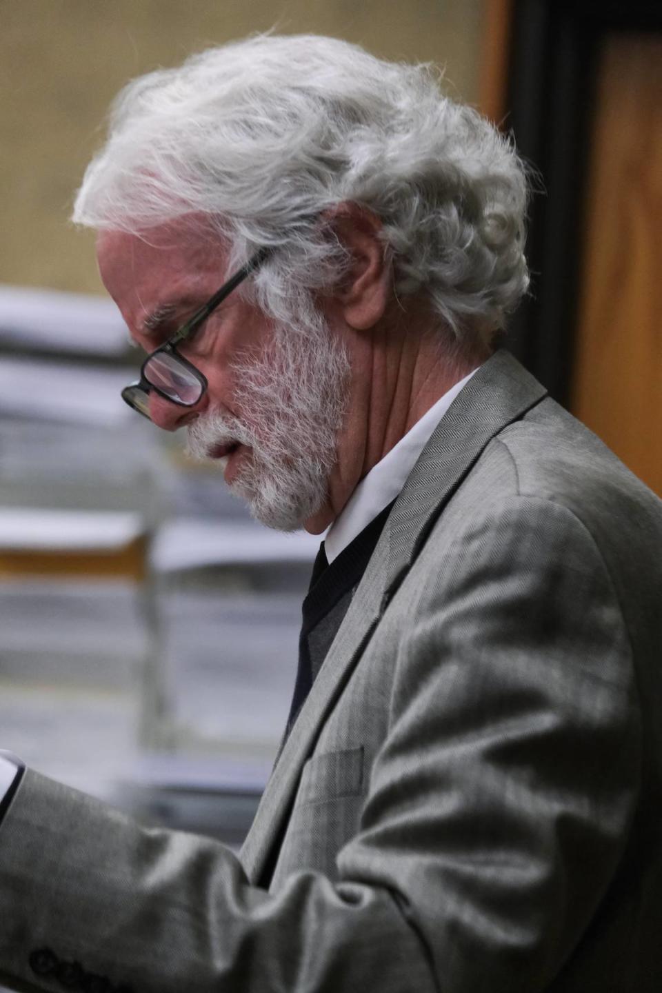 Brandi Turner’s attorney Jeffry Radding questions a witness during the murder trial against his client in San Luis Obispo Superior Court on Jan. 11, 2024. Turner is accused of selling the fentanyl to Quinn Hall that killed him in 2022.