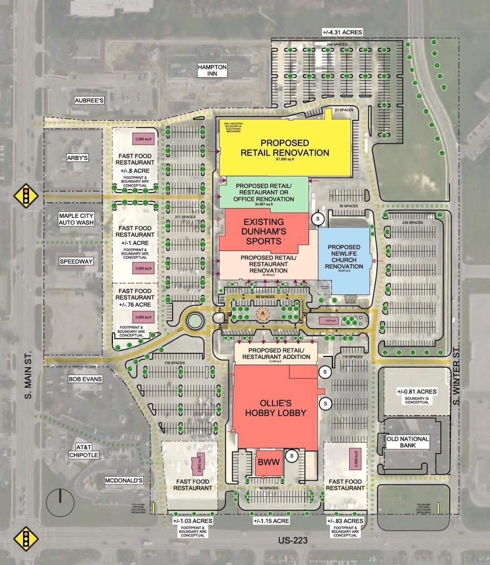 A multiphase plan to redevelop the Adrian Mall has been in the works for at least 2 1/2 years by the Adrian Development Group and The Collaborative, an architecture firm in Toledo. This diagram displays "Phase 4B," which is proposed to be the final phase of rebranding and updating the mall. The diagram shows existing establishments including Dunham's Sports, Ollie's Bargain Outlet/Hobby Lobby and Buffalo Wild Wings, along with the potential for several standalone fast food restaurants and proposed retail/restaurant renovations.