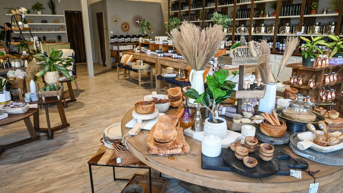 Home and kitchen decor is displayed at Zaytoona a new shop that recently opened in River Park in north Fresno.