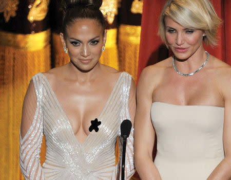 The great 'did she or didn't she' story of the 2012 Oscars was whether Jennifer Lopez flashed a little more than she intended while presenting an award at the ceremony. The jury's still out but we're guessing if you have to have this much discussion about it, then it could well just be a shadow!