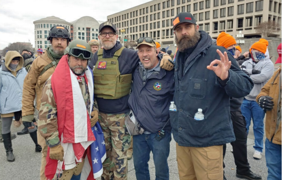 Proud Boy William Chrestman, wearing glasses, and Nicholas Kennedy, right, before the Capitol breach on Jan. 6, 2021.