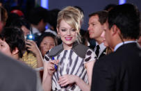 SEOUL, SOUTH KOREA - JUNE 14: Actress Emma Stone attends the 'The Amazing Spider-Man' Seoul premiere at Lotte Cinema on June 14, 2012 in Seoul, South Korea. The film will open on June 28 in South Korea. (Photo by Chung Sung-Jun/Getty Images)