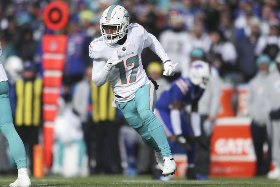 Miami Dolphins wide receiver Jaylen Waddle (17) runs a route during the first half of an NFL wild-card playoff football game against the Buffalo Bills, Sunday, Jan. 15, 2023, in Orchard Park, N.Y. (AP Photo/Joshua Bessex)