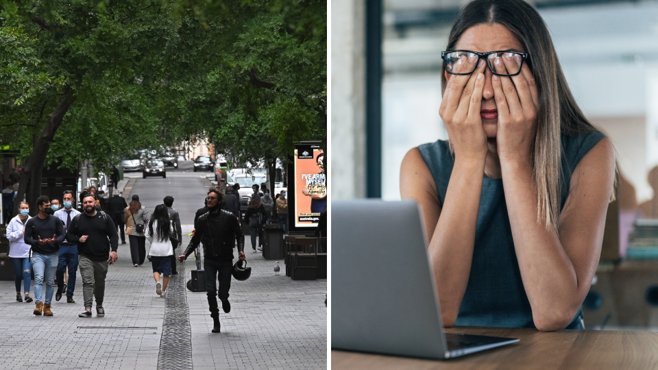 Image of Australians walking through city and worker feeling stressed.