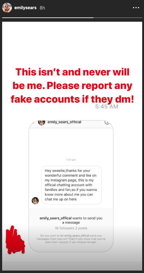 She issued a warning to her fans. Photo: Instagram/emilysears