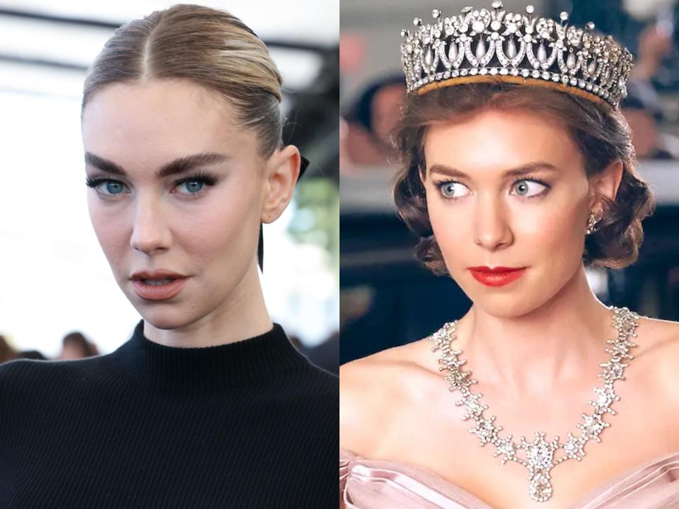 Vanessa Kirby in September 2023 and as Princess Margaret on "The Crown."