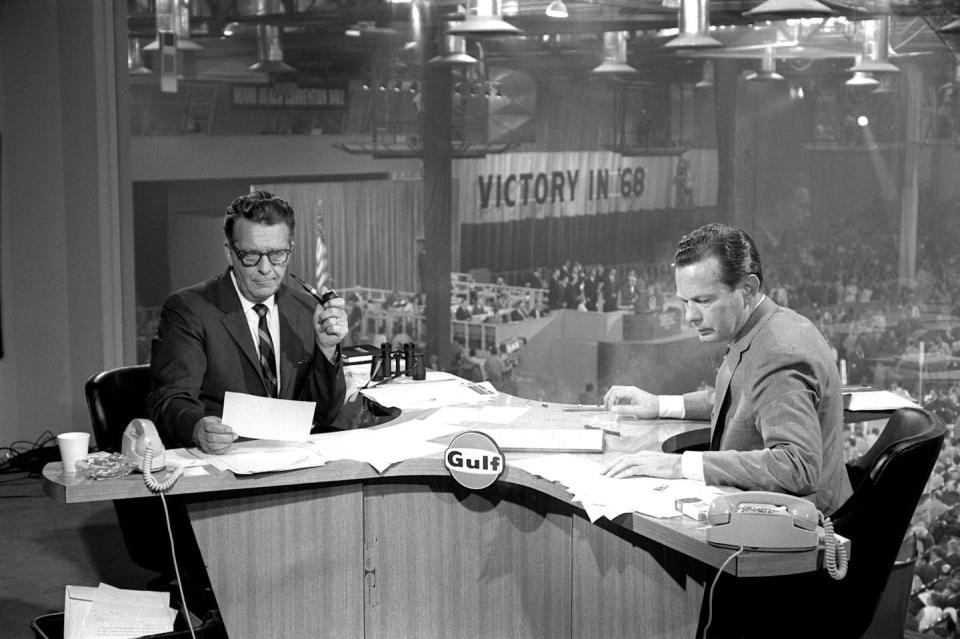 Chet Huntley and David Brinkley broadcast from the Republican National Convention in 1968. <a href="https://www.gettyimages.com/detail/news-photo/chet-huntley-and-david-brinkley-broadcasting-for-nbc-at-the-news-photo/1297996689" rel="nofollow noopener" target="_blank" data-ylk="slk:Ben Martin/Getty Images;elm:context_link;itc:0;sec:content-canvas" class="link ">Ben Martin/Getty Images</a>