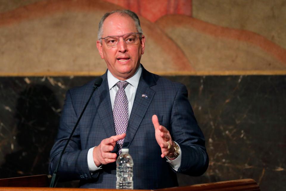 Louisiana Gov. John Bel Edwards speaks to reporters at a briefing on the state's efforts against the coronavirus pandemic in Baton Rouge, La., Monday, May 4, 2020.