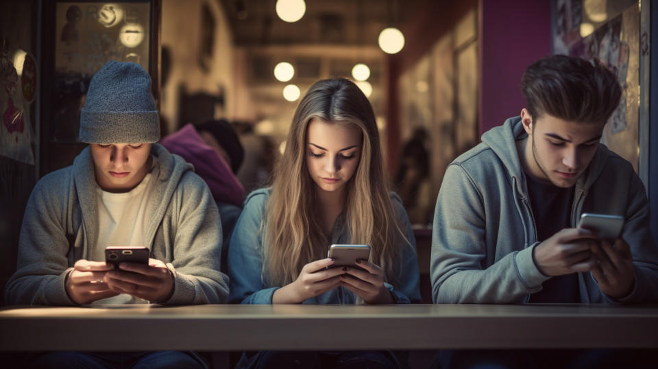 A group of millennials playing an online game on their mobile devices.