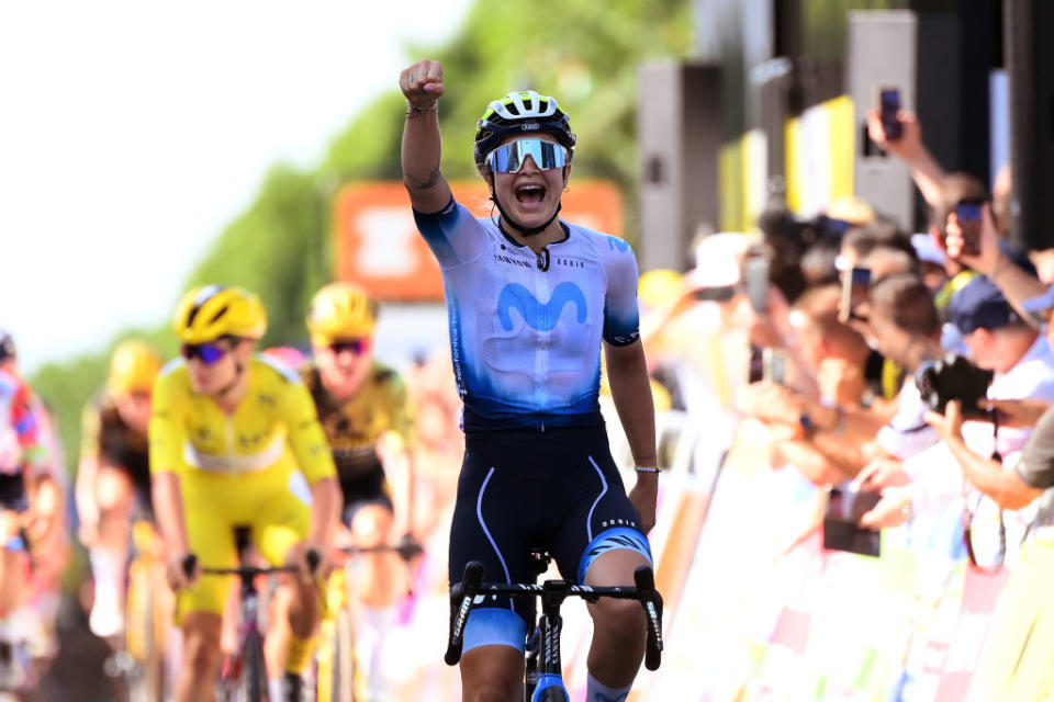 BLAGNAC FRANCE  JULY 28 Emma Norsgaard of Denmark and Movistar Team celebrates at finish line as stage winner during the 2nd Tour de France Femmes 2023 Stage 6 a 1221km stage from Albi to Blagnac  UCIWWT  on July 28 2023 in Blagnac France Photo by Alex BroadwayGetty Images