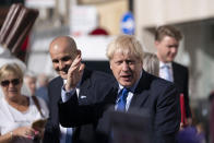 Britain's Prime Minister Boris Johnson is seen during a visit to Doncaster Market, in Doncaster, Northern England, Friday Sept. 13, 2019. Johnson will meet with European Commission president Jean-Claude Juncker for Brexit talks Monday in Luxembourg. The Brexit negotiations have produced few signs of progress as the Oct. 31 deadline for Britain’s departure from the European Union bloc nears. ( AP Photo/Jon Super)