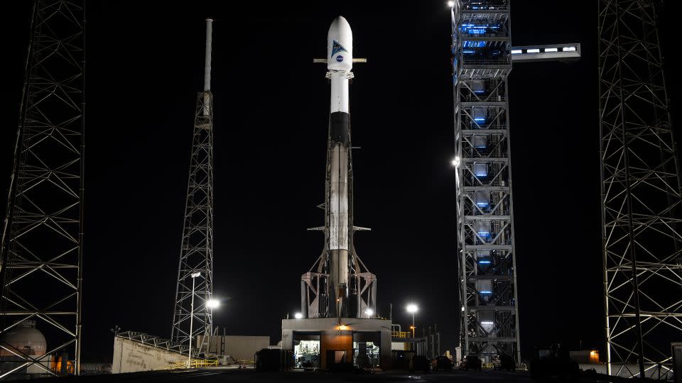 NASA's PACE spacecraft is seen encased atop a Falcon 9 rocket on the launch pad of Cape Canaveral Space Force Station in Florida on February 5.  - SpaceX