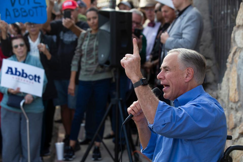 Governor Greg Abbott gives a speech during a campaign stop in El Paso, Texas on Nov. 1, 2022.