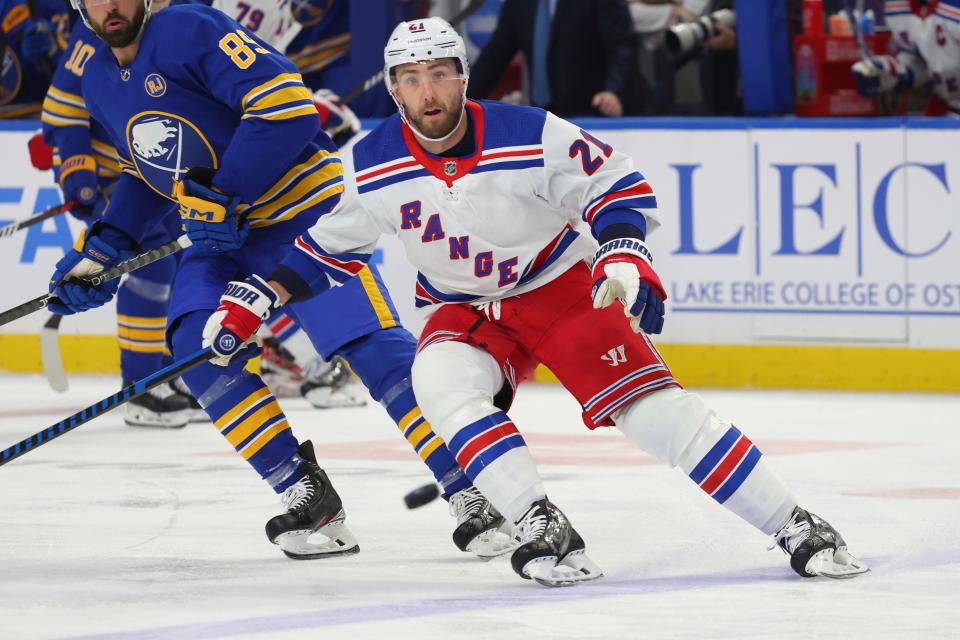 New York Rangers center Barclay Goodrow (21) skates during the second period of an NHL hockey game against the Buffalo Sabres Thursday, Oct, 12, 2023, in Buffalo, N.Y.