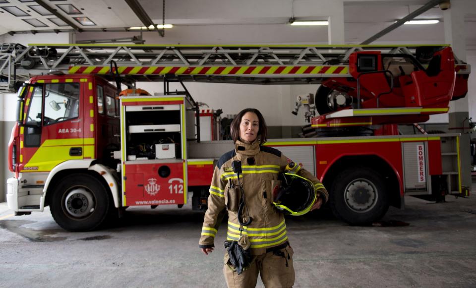 Firefighter Maria Jose Martienz Ortiz, 43, poses for a picture in the Fuente San Luis fire station in Valencia, Spain, on&nbsp;Feb. 28, 2018.