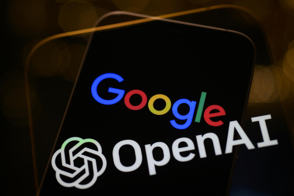 The OpenAI ChatGPT and Google logos are seen on mobile devices in this photo illustration in Warsaw, Poland on 09 February, 2023. Google on Monday announced the development of its own OpenAI ChatGPT competitor called Bard after Microsoft last week announced the indroduction of AI assisted search for its Bing search engine. (Photo by Jaap Arriens/NurPhoto)