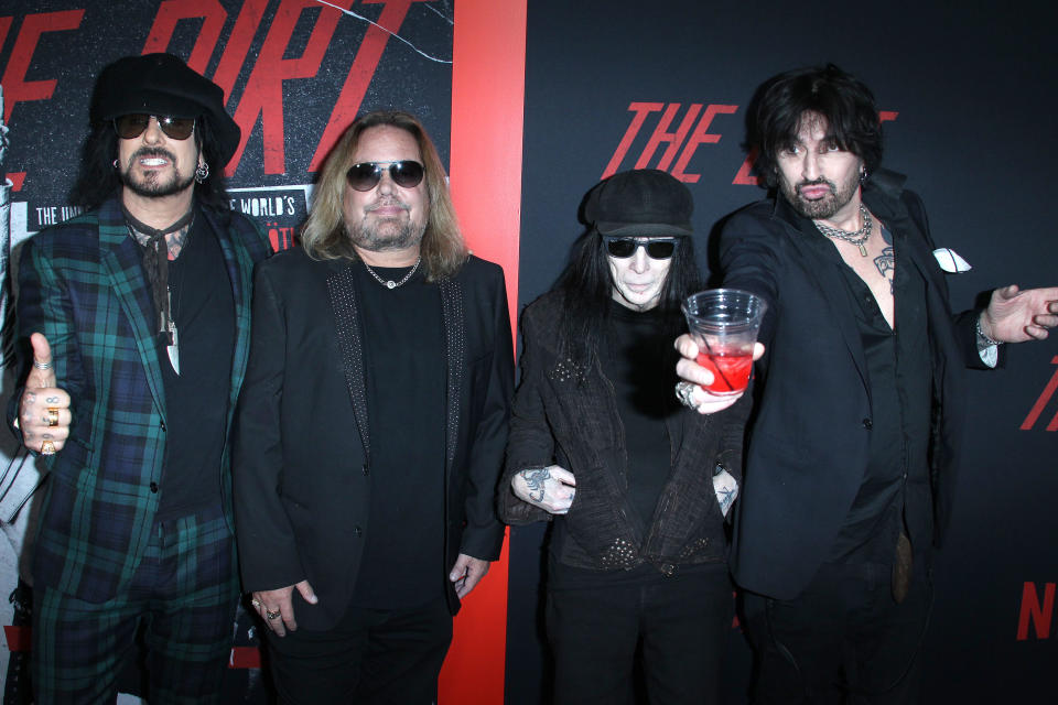 From left: Nikki Sixx, Vince Neil, Mick Mars and Tommy Lee at ‘The Dirt’ premiere in March - Credit: Shutterstock