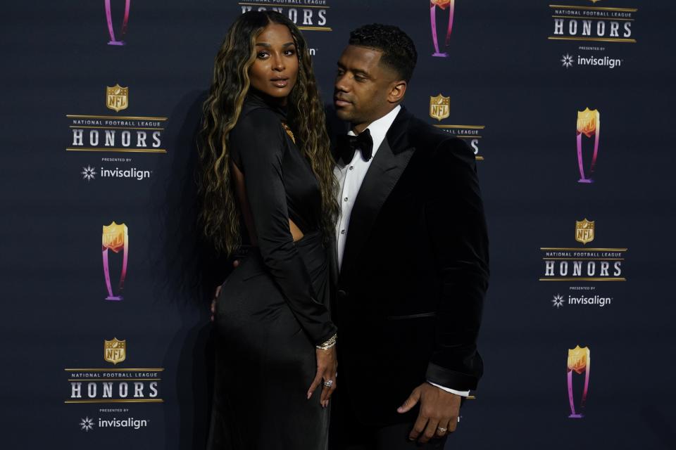 Russell Wilson and wife Ciara arrive for the NFL Honors show Thursday, Feb. 10, 2022, in Inglewood, Calif. (AP Photo/Marcio Jose Sanchez)