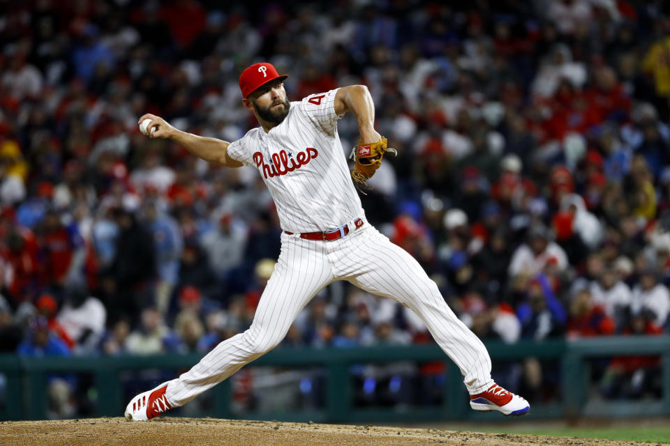 Philadelphia Phillies' Jake Arrieta pitches during the third inning of a baseball game against the Atlanta Braves, Sunday, March 31, 2019, in Philadelphia. (AP Photo/Matt Slocum)