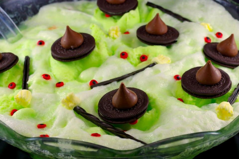 <p>Food Meanderings</p><p>This green non-alcoholic Halloween punch is the perfect Halloween potluck or witch-themed party recipe, especially for kids! It has key lime Sherbert, soda pop, chocolate cookie witch hats, marshmallow licorice brooms and candy eyes.</p><p><strong>Get the recipe: <a href="https://foodmeanderings.com/green-witch-halloween-punch-non-alcoholic/" rel="nofollow noopener" target="_blank" data-ylk="slk:Green Witch Halloween Punch;elm:context_link;itc:0;sec:content-canvas" class="link "><em>Green Witch Halloween Punch</em></a></strong></p><p><strong>Related: </strong><strong><a href="https://www.yahoo.com/lifestyle/50-halloween-trivia-questions-answers-172039686.html" data-ylk="slk:Halloween Trivia;elm:context_link;itc:0;sec:content-canvas;outcm:mb_qualified_link;_E:mb_qualified_link;ct:story;" class="link  yahoo-link">Halloween Trivia</a></strong></p>