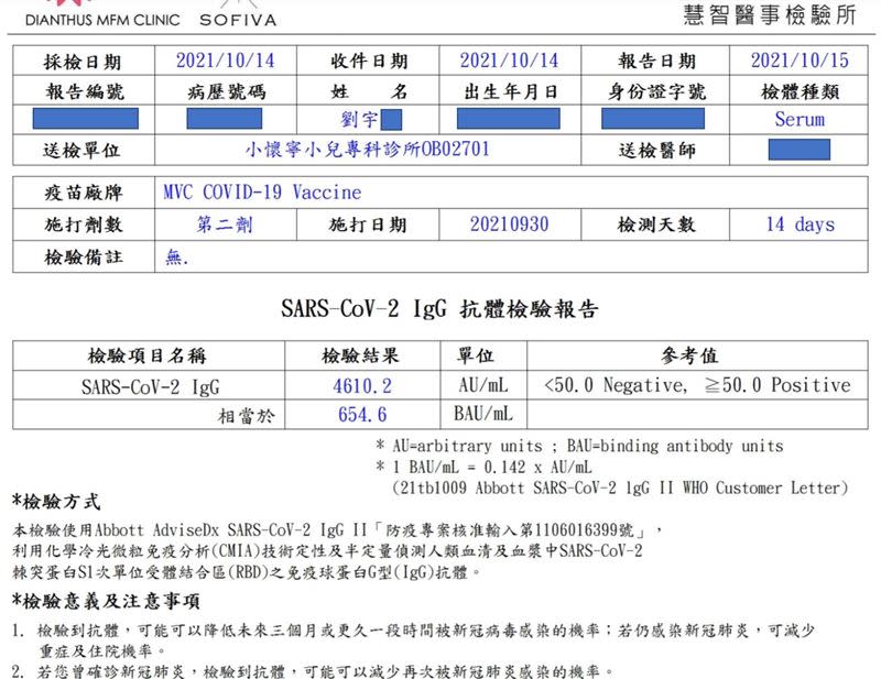 四叉貓透露第三次抽血驗高端抗體的數值，是第一次驗抗體數值的130倍。（圖／翻攝自 四叉貓 劉宇 臉書）