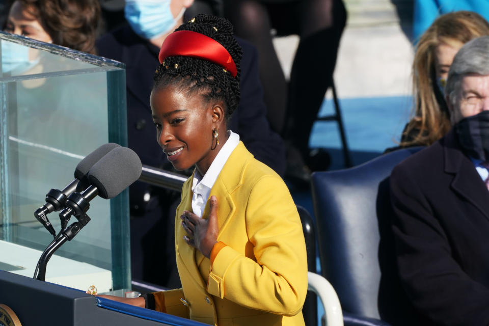 Amanda Gorman recites a poem at U.S. President Joe Biden's inauguration on January 20, 2021 in Washington, DC.