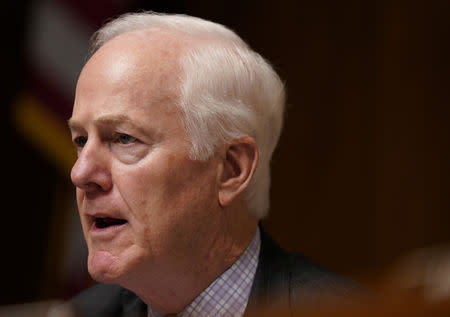 FILE PHOTO: U.S. Senator John Cornyn (R-TX) questions Attorney General William Barr as he testifies before a Senate Judiciary Committee hearing on "the Justice Department's investigation of Russian interference with the 2016 presidential election" on Capitol Hill in Washington, U.S., May 1, 2019. REUTERS/Aaron Bernstein