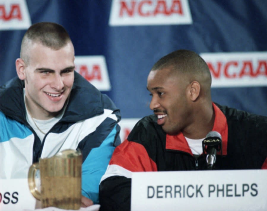 North Carolinas Eric Montross and Derrick Phelps, right, joke with reporters as they talk about their 78-68 Saturday victory over Kansas, Sunday, April 4, 1993, New Orleans, La. The Tar Heels will face Michigan in the final Monday night at the Superdome. (AP Photo/Bob Jordan)