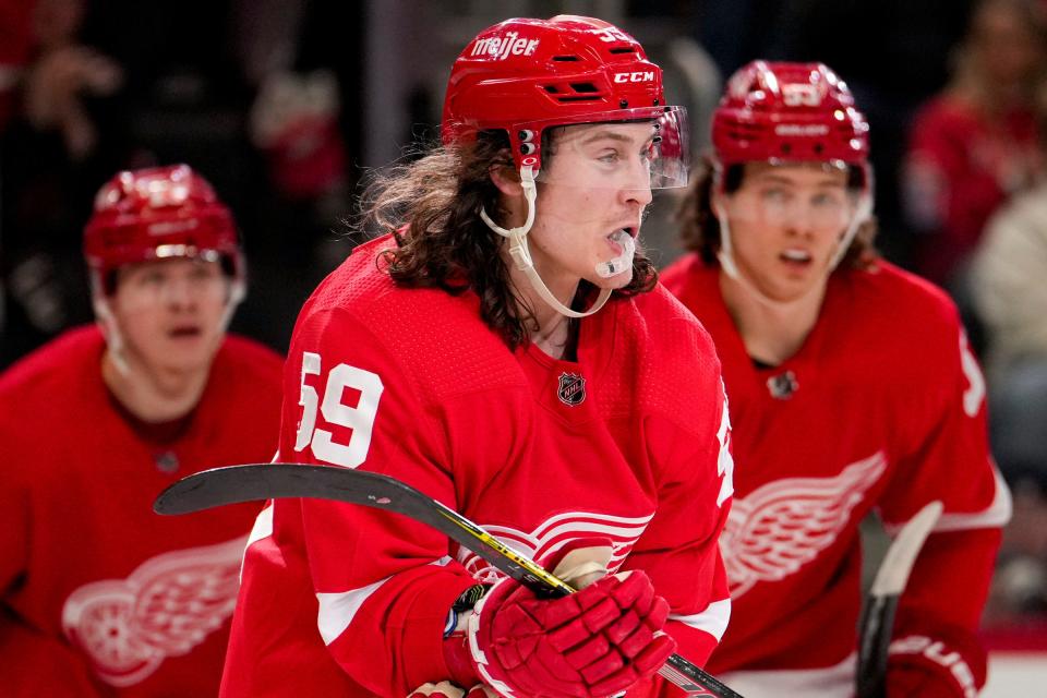 Detroit Red Wings left wing Tyler Bertuzzi (59) reacts after scoring a goal during the second period on Tuesday, April 12, 2022, at Little Caesars Arena in Detroit.
