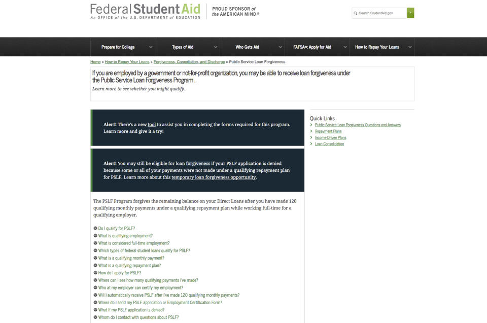 This image from the Federal Student Aid page of the Department of Education show the page  to apply for federal student loan forgiveness. A political battle is reheating over a federal program that was designed to cancel student loans for certain public workers but has largely failed to deliver that promise. The program, Public Service Loan Forgiveness, promises to erase federal student loans for public workers who make 10 years of payments while working for approved employers. (Department of Education via AP)