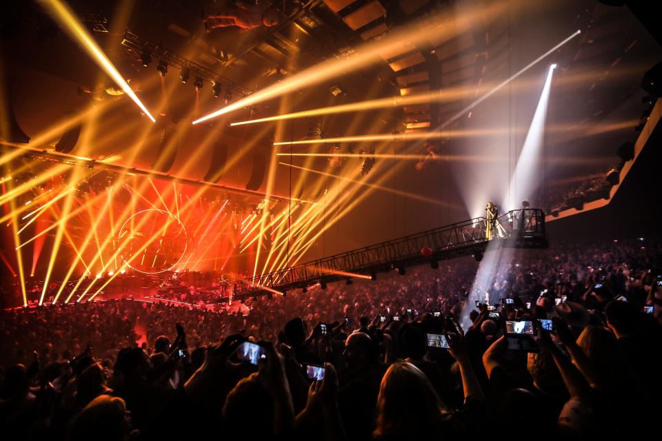 Steven Tyler and Joe Perry fly above the crowd during their Deuces are Wild residency at Dolby Live at Park MGM in Las Vegas. The band returns for a new spate of dates in June 2022.