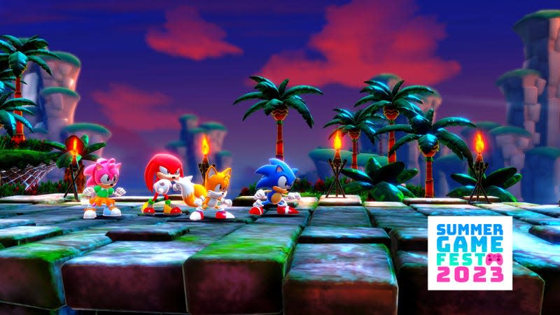 Amy, Knuckles, Tails, and Sonic are seen squaring up.