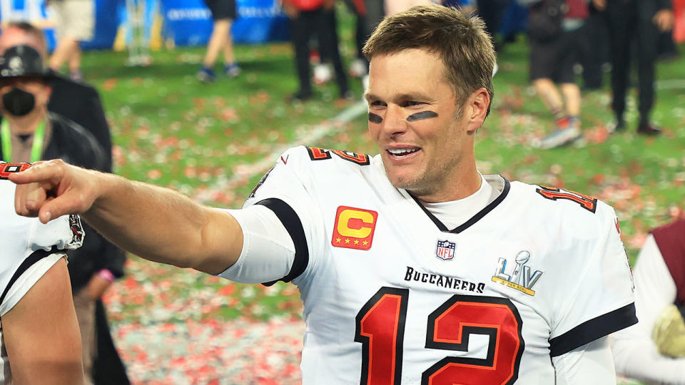 Seen here, Tom Brady celebrates Tampa Bay's Super Bowl LV win.