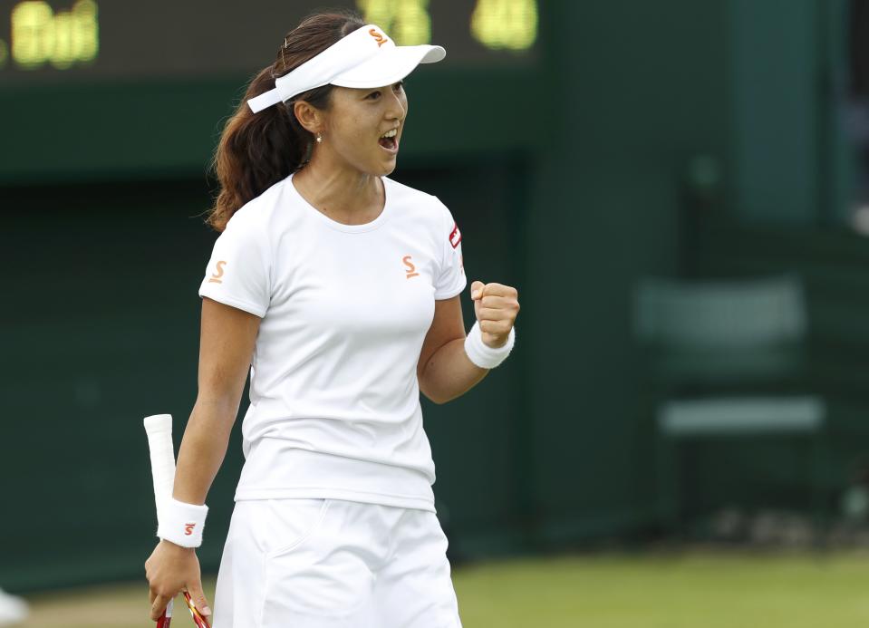 Britain Tennis - Wimbledon - All England Lawn Tennis & Croquet Club, Wimbledon, England - 30/6/16 Japan's Misaki Doi celebrates winning her match against Czech Republic's Karolina Pliskova REUTERS/Paul Childs