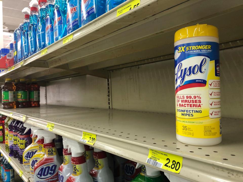 The last package of Lysol disinfectant wipes sits on a shelf at a Piggly Wiggly in Athens, Georgia on March 13. Shoppers have been snapping up disinfectants and cleaning supplies as the coronavirus spreads.