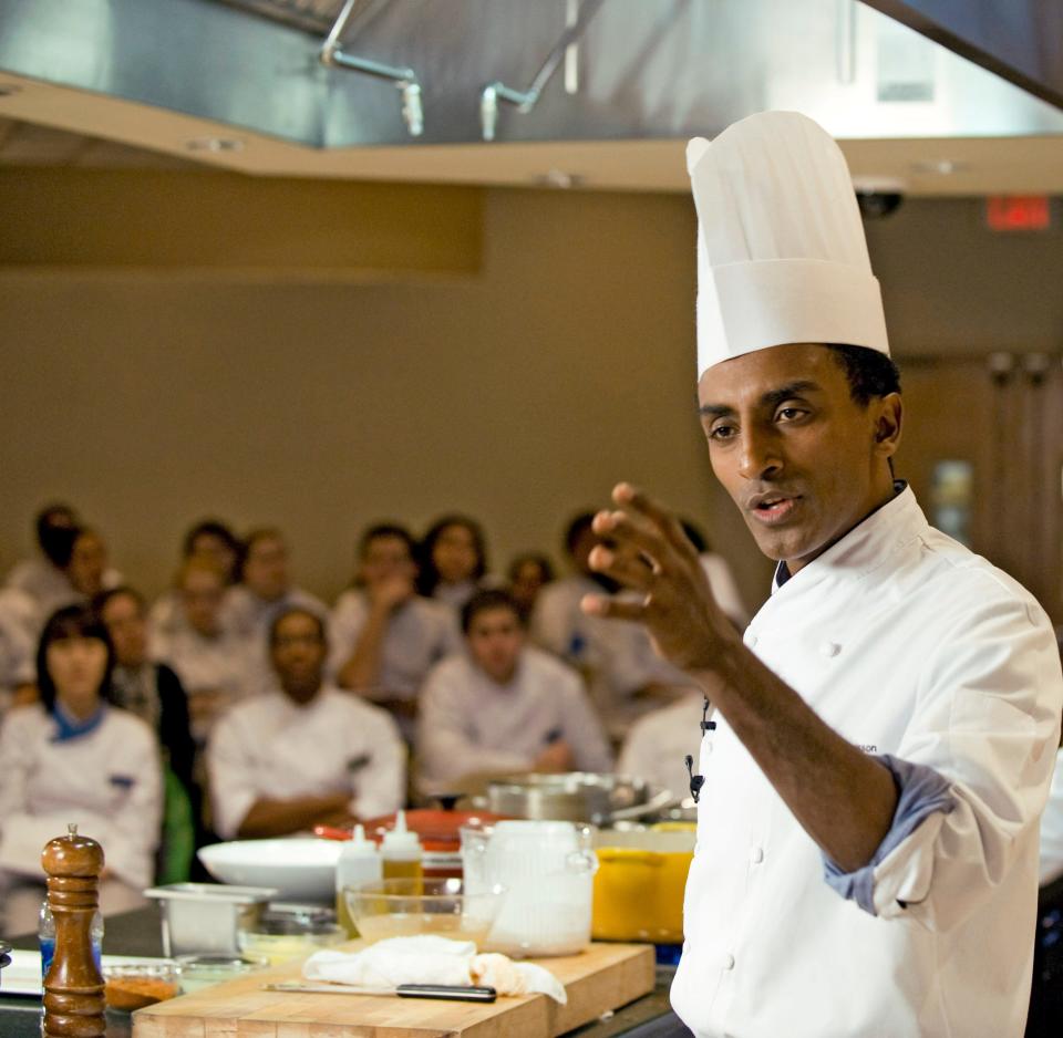 Chef Marcus Samuelsson during a teaching demonstration as a Distinguished Visiting Chef at Johnson & Wales University in 2010.