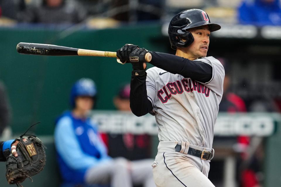 Guardians rookie outfielder Steven Kwan has reached base 12 times, including six times with five hits on Sunday, in his first three big league games.