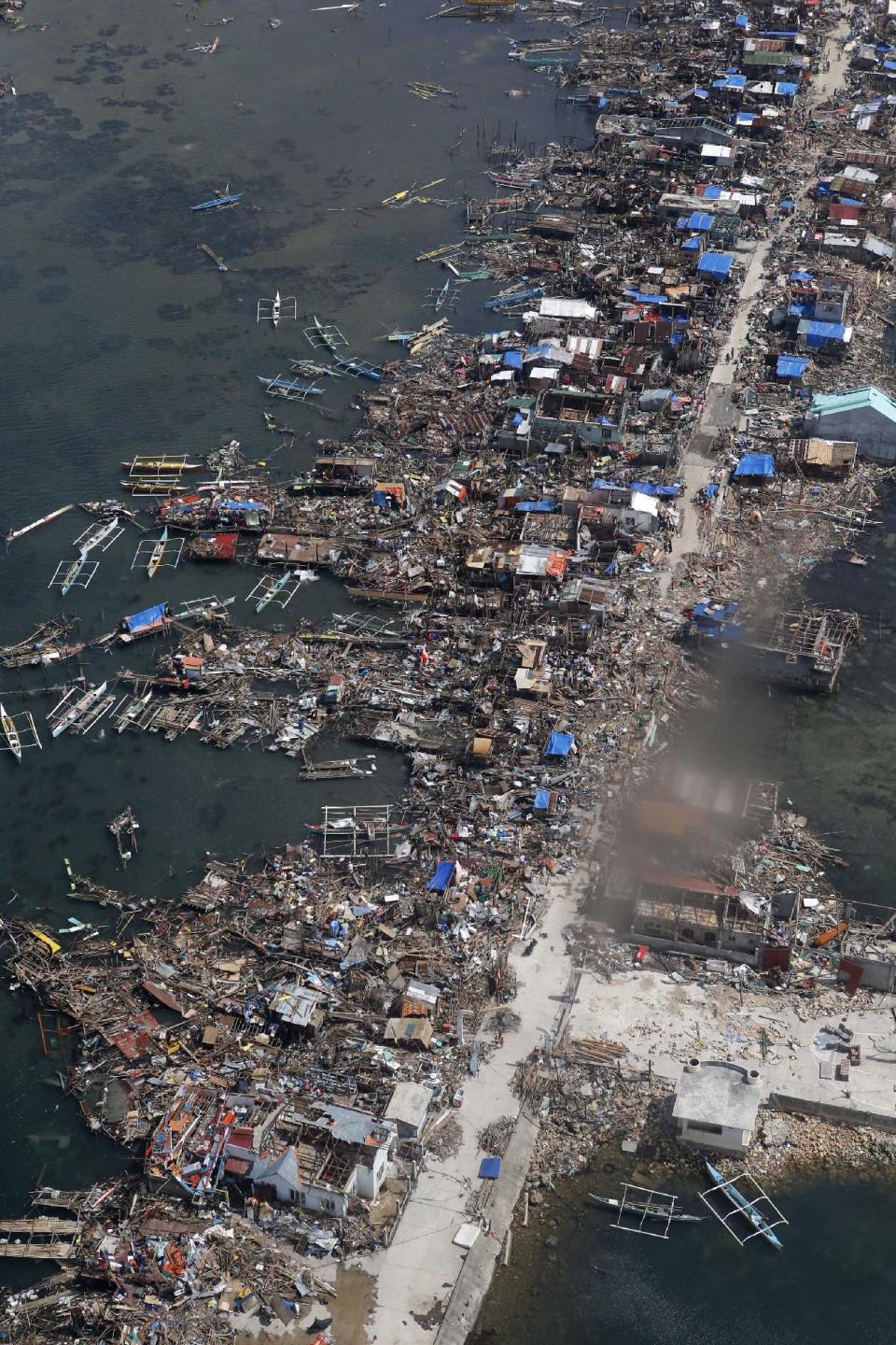 An aerial view of the devastation of super Typhoon Haiyan as it battered a town in Samar province in central Philippines