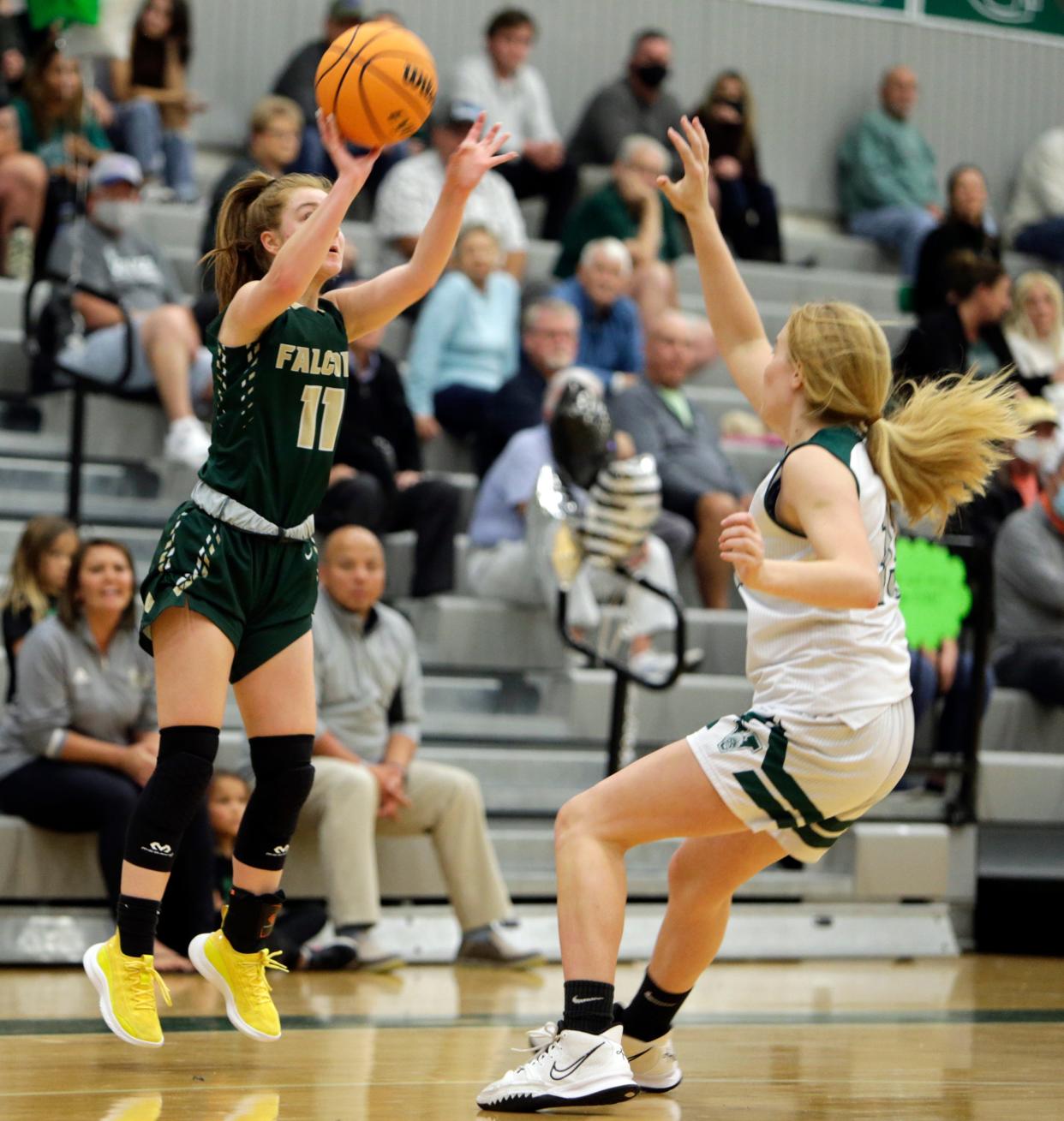 Maddy Boehm of Saint Stephen's launches a shot against Venice during the first half of Wednesday evening's game at the Teepee.