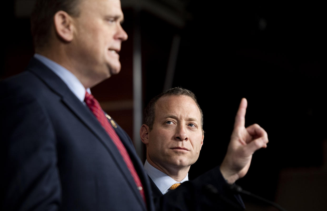 UNITED STATES - FEBRUARY 11: Rep. Josh Gottheimer, D-N.J., listens as Rep. Tom Reed, R-N.Y., speaks during the Problem Solvers Caucus press conference in the Capitol on Tuesday, Feb. 11, 2020. (Photo By Bill Clark/CQ-Roll Call, Inc via Getty Images)