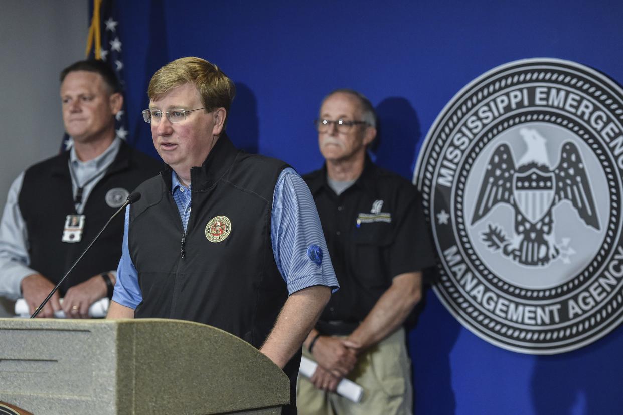 Mississippi Gov. Tate Reeves speaks at a press conference regarding Jackson's ongoing water crisis at Mississippi Emergency Management Agency (MEMA) in Pearl, Miss., Wednesday, Aug. 31, 2022. 