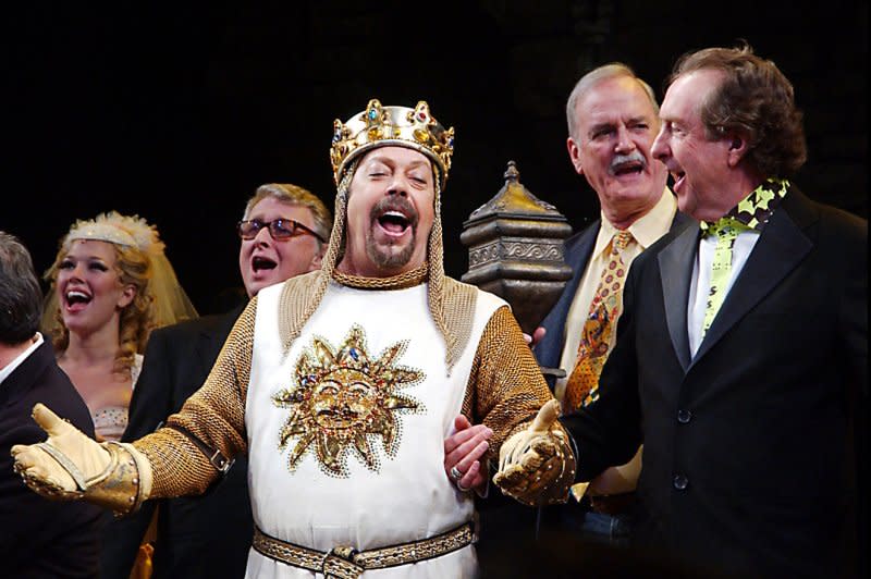 From left to right, Mike Nichols, Tim Curry, John Cleese and Eric Idle take their bows in 2005 for the Monty Python Broadway musical "Spamalot." A Broadway revival of the show is set for this fall. File Photo by Ezio Petersen/UPI