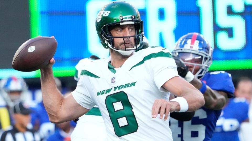 Aug 26, 2023; East Rutherford, New Jersey, USA; New York Jets quarterback Aaron Rodgers (8) throws against the Giants at MetLife Stadium.