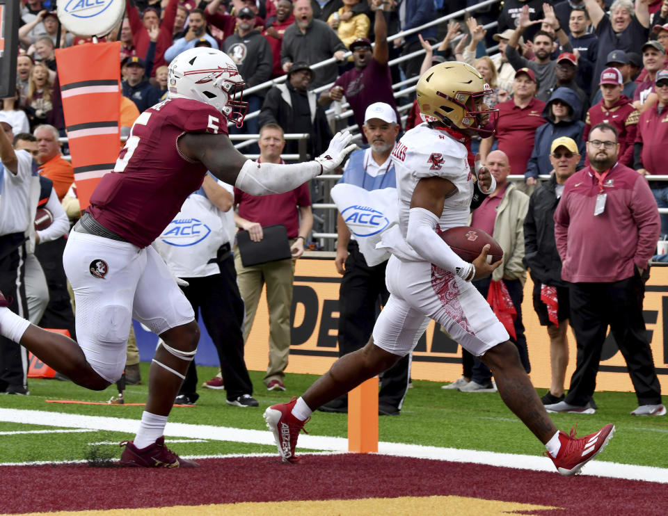 Boston College quarterback Thomas Castellanos (1) runs into the endzone to score during the second half of an NCAA college football game Saturday, Sept. 16, 2023 in Boston. (AP Photo/Mark Stockwell)