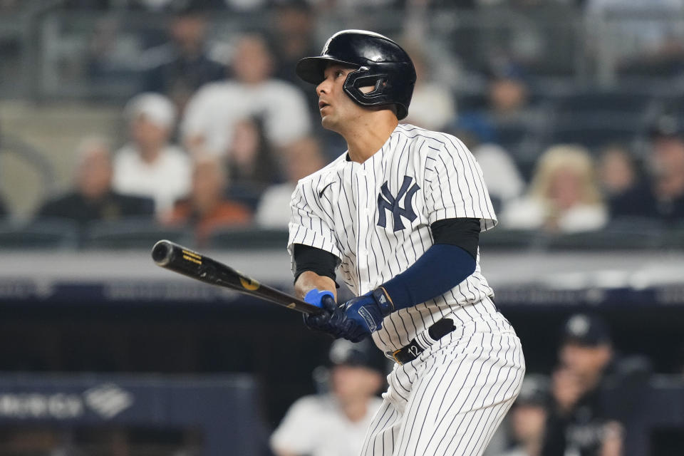 New York Yankees' Isiah Kiner-Falefa hits an RBI double during the seventh inning of a baseball game against the Chicago White Sox Tuesday, June 6, 2023, in New York. (AP Photo/Frank Franklin II)