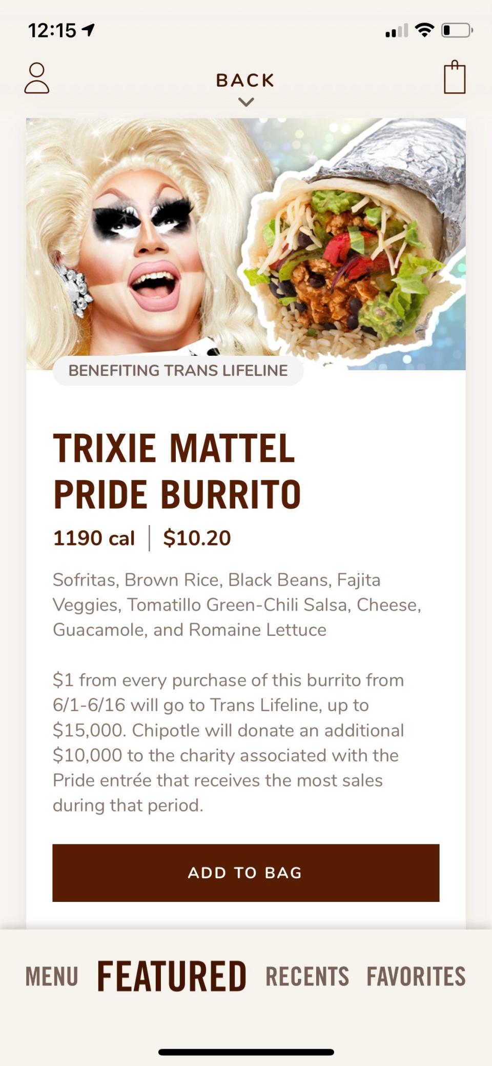 Chipotle is offering go-to meals from three drag performers -- Trixie Mattel, Kim Chi, and Gottmik -- through June 16, with $1 from each entree order benefitting a LGBTQ charity of their choice.